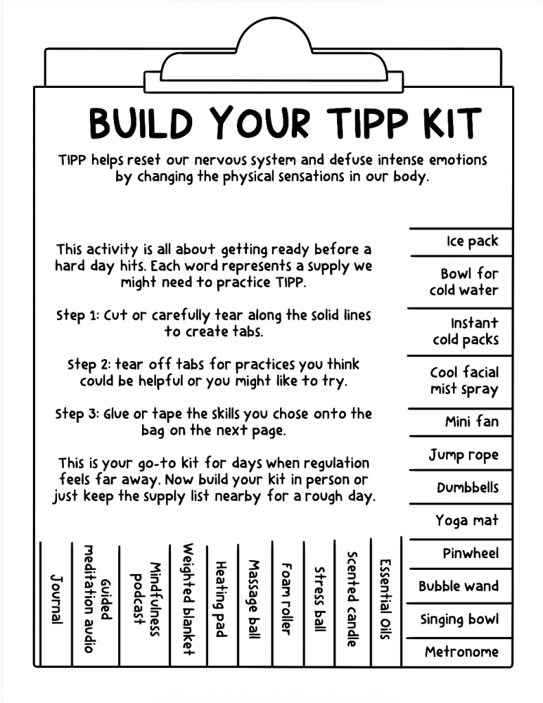 worksheet in black and white to build a dbt tipp tool kit open relationships non-monogamy jealousy